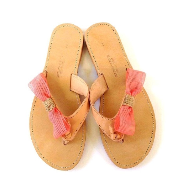 Coral bow and twine sandals - δέρμα, ύφασμα, φιόγκος, καλοκαιρινό, καλοκαίρι, σανδάλι, σανδάλια - 2