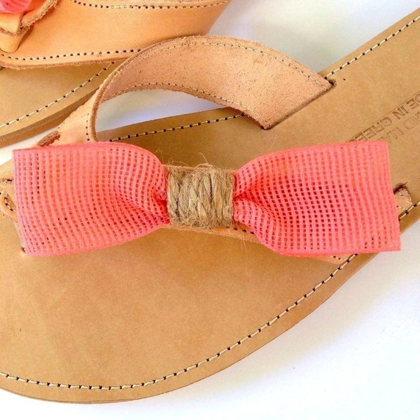 Coral bow and twine sandals - δέρμα, ύφασμα, φιόγκος, καλοκαιρινό, καλοκαίρι, σανδάλι, σανδάλια - 3