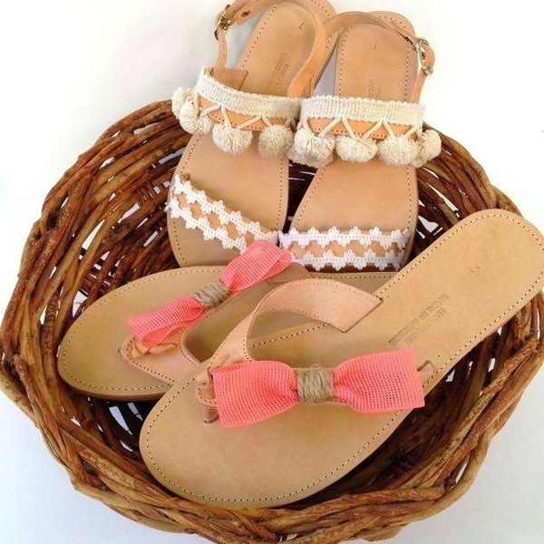 Coral bow and twine sandals - δέρμα, ύφασμα, φιόγκος, καλοκαιρινό, καλοκαίρι, σανδάλι, σανδάλια - 4