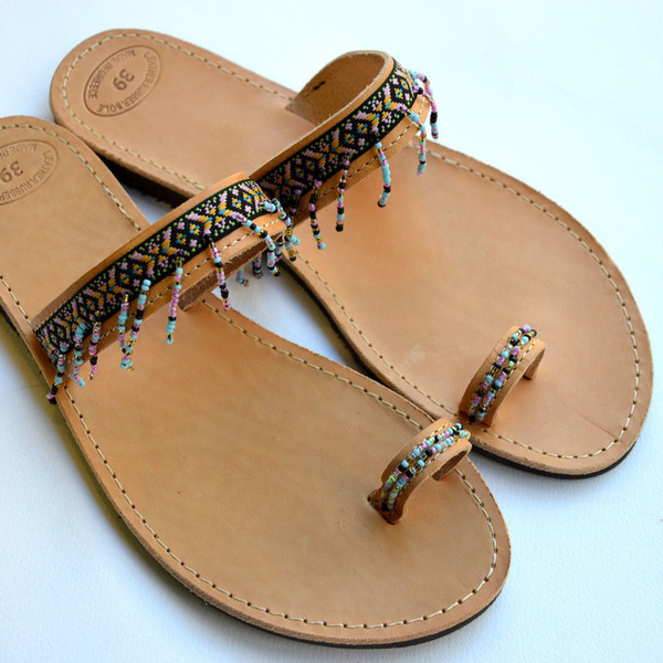 Handmade boho black sandals - χειροποίητα, χάντρες, boho