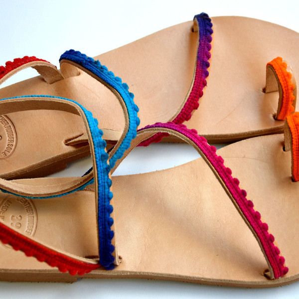 Handmade sandals rainbow - κορδέλα, πολύχρωμο, καλοκαιρινό, pom pom - 2