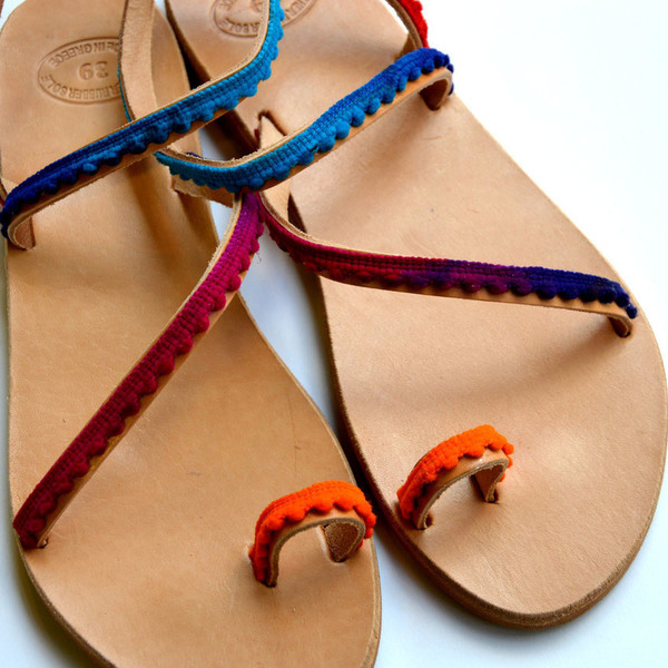 Handmade sandals rainbow - κορδέλα, πολύχρωμο, καλοκαιρινό, pom pom - 3
