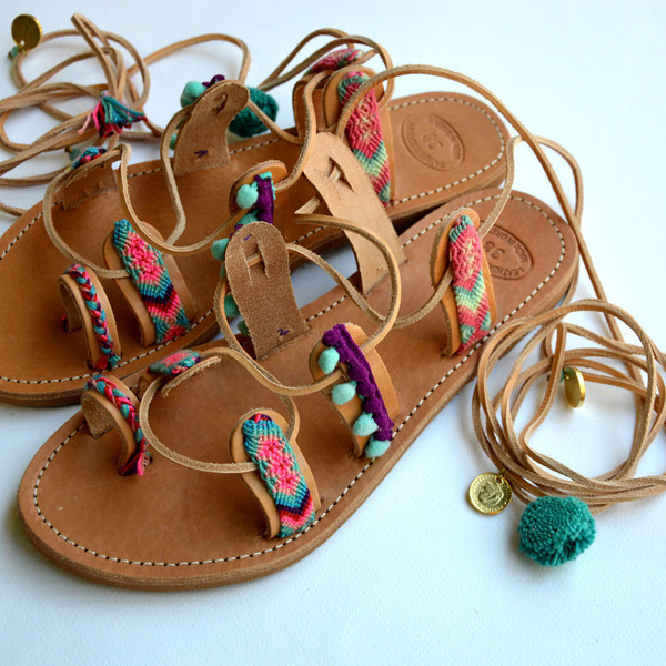 Handmade friendship sandals pastel - κορδέλα, pom pom, κορδόνια, boho