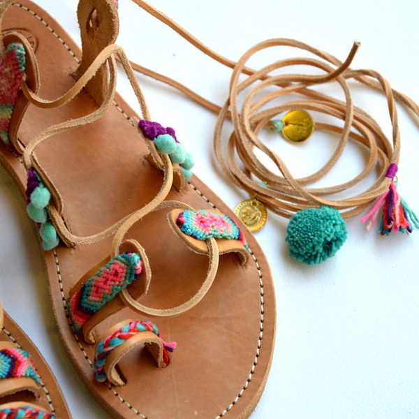 Handmade friendship sandals pastel - κορδέλα, pom pom, κορδόνια, boho - 3