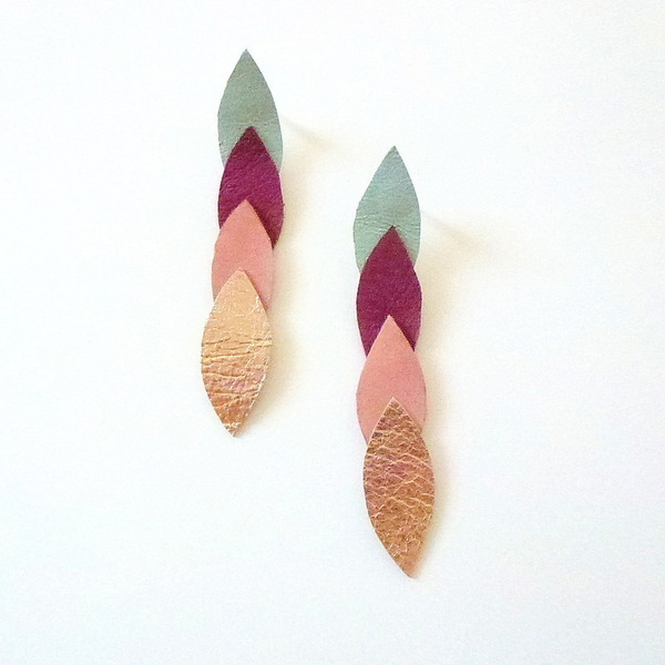 Σκουλαρίκια με δερμάτινα πολύχρωμα φύλλα - δέρμα, φύλλο
