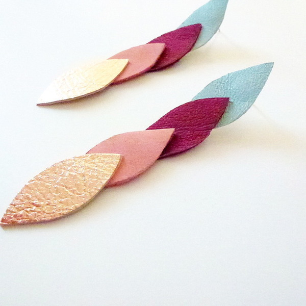 Σκουλαρίκια με δερμάτινα πολύχρωμα φύλλα - δέρμα, φύλλο - 2