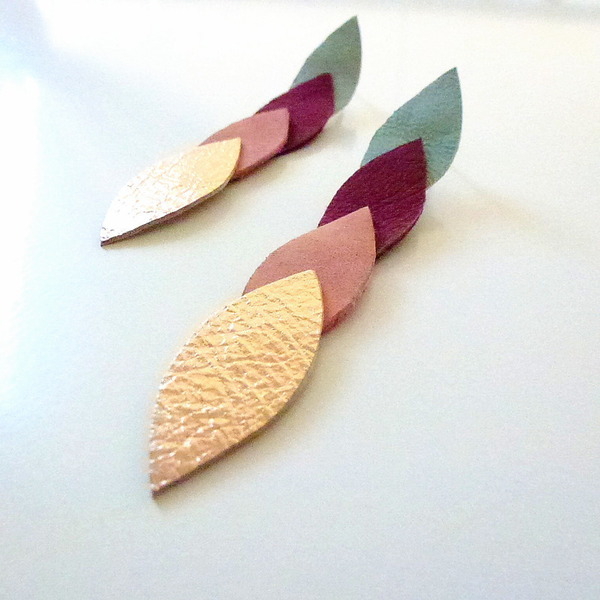Σκουλαρίκια με δερμάτινα πολύχρωμα φύλλα - δέρμα, φύλλο - 3