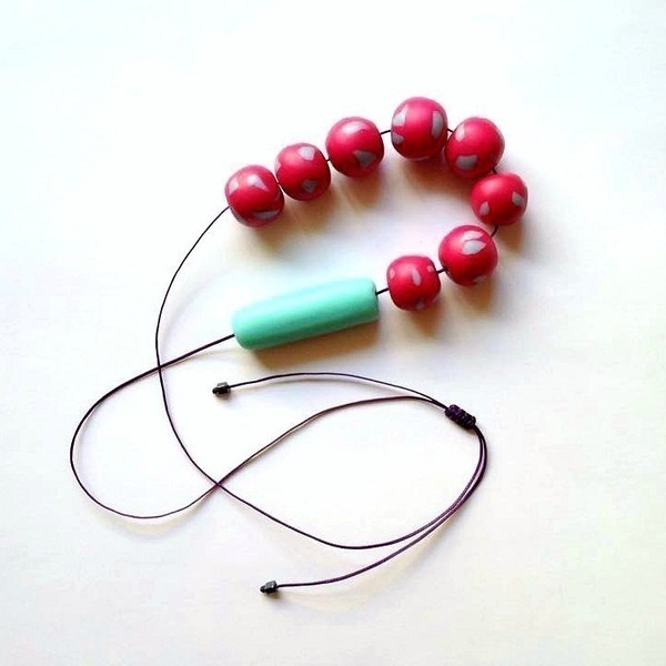 Mint green and pink polymer clay necklace - μακρύ, πουά, πηλός, πηλός, κορδόνια, χειροποίητα, χάντρες, κρεμαστά