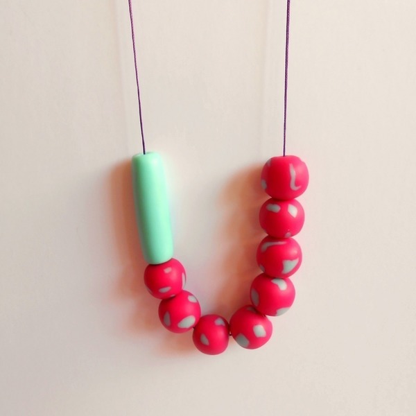 Mint green and pink polymer clay necklace - μακρύ, πουά, πηλός, πηλός, κορδόνια, χειροποίητα, χάντρες, κρεμαστά - 2