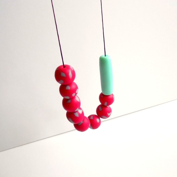 Mint green and pink polymer clay necklace - μακρύ, πουά, πηλός, πηλός, κορδόνια, χειροποίητα, χάντρες, κρεμαστά - 3