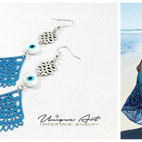 ⌘Blue dantelle earrings⌘ - chic, fashion, καλοκαιρινό, γυαλί, μοναδικό, μοντέρνο, γυναικεία, μέταλλο, κρεμαστά, φθηνά - 2