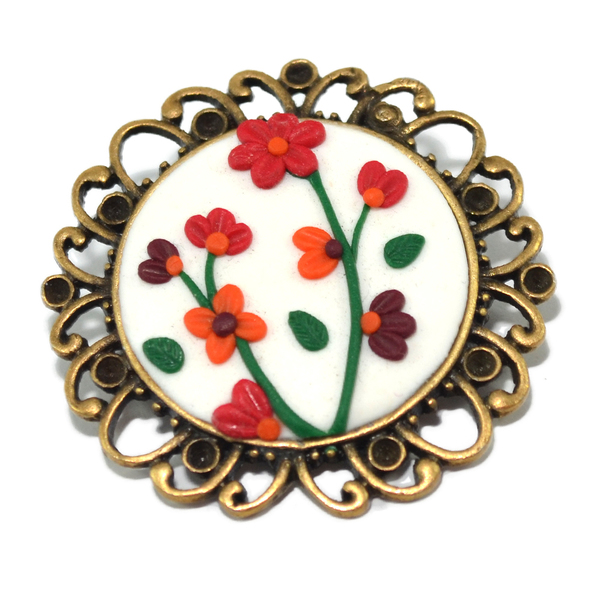 White 'n' red flowers brooch - καλοκαιρινό, vintage, μοναδικό, ανοιξιάτικο, λουλούδια, πηλός, μέταλλο, romantic