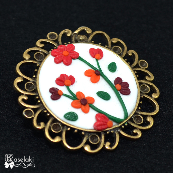 White 'n' red flowers brooch - καλοκαιρινό, vintage, μοναδικό, ανοιξιάτικο, λουλούδια, πηλός, μέταλλο, romantic - 3
