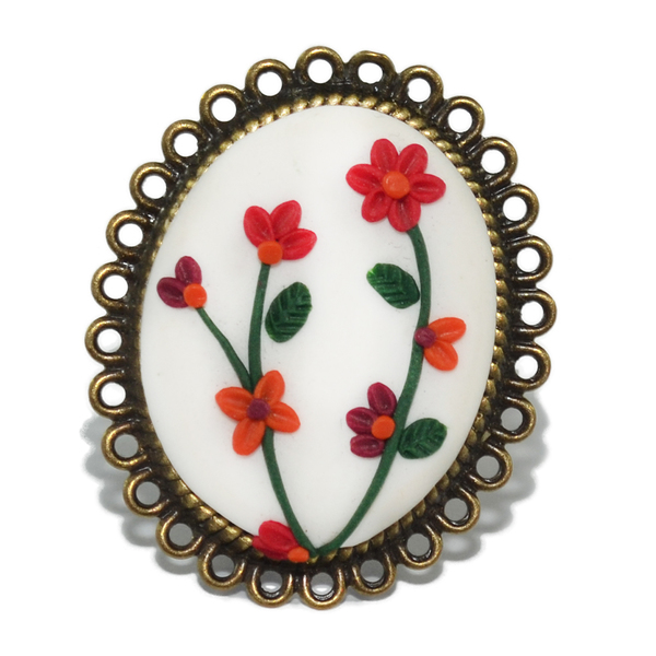 White 'n' red flowers oval ring - πολύχρωμο, καλοκαιρινό, vintage, καλοκαίρι, λουλούδια, αγάπη, πηλός, μέταλλο