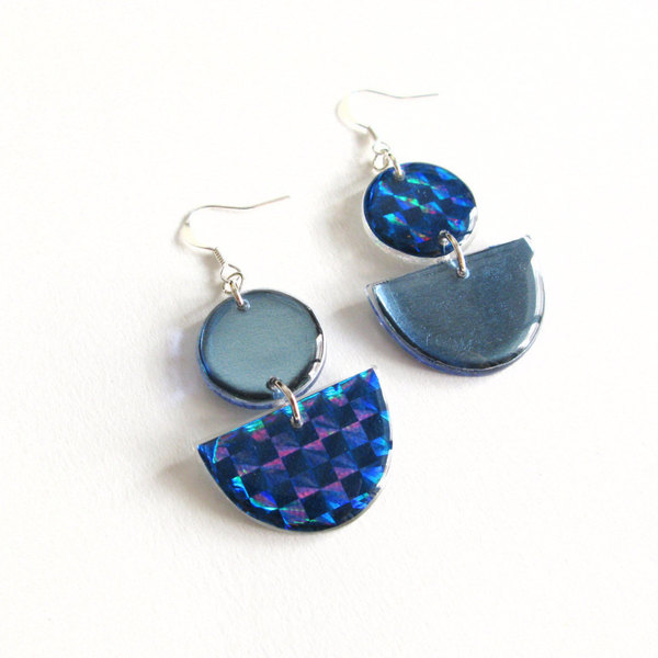 Μπλε σκουλαρίκια - γυαλί, γεωμετρικά σχέδια, plexi glass, κρεμαστά