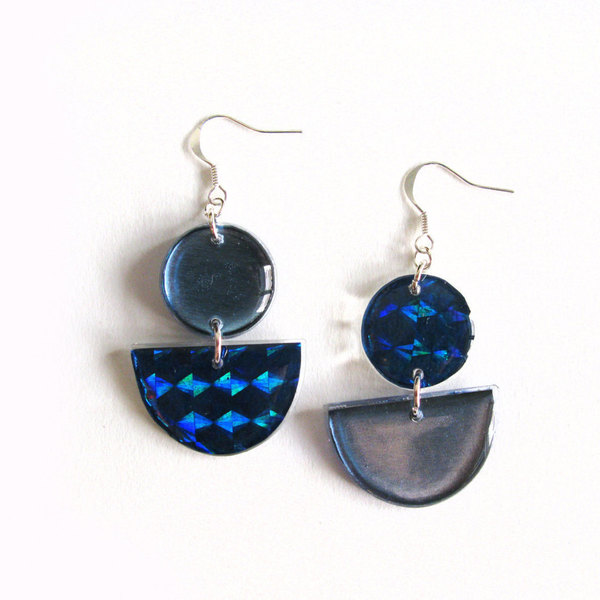Μπλε σκουλαρίκια - γυαλί, γεωμετρικά σχέδια, plexi glass, κρεμαστά - 2