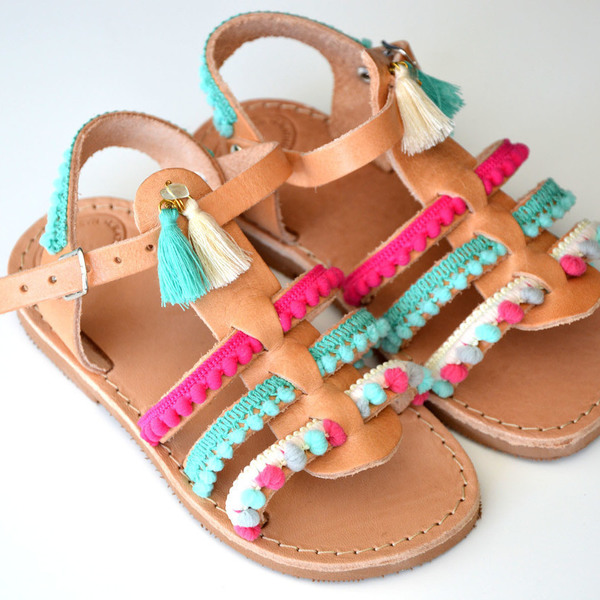 Baby gladiator sandal Aqua Pink - δαντέλα, pom pom, χειροποίητα, boho - 2
