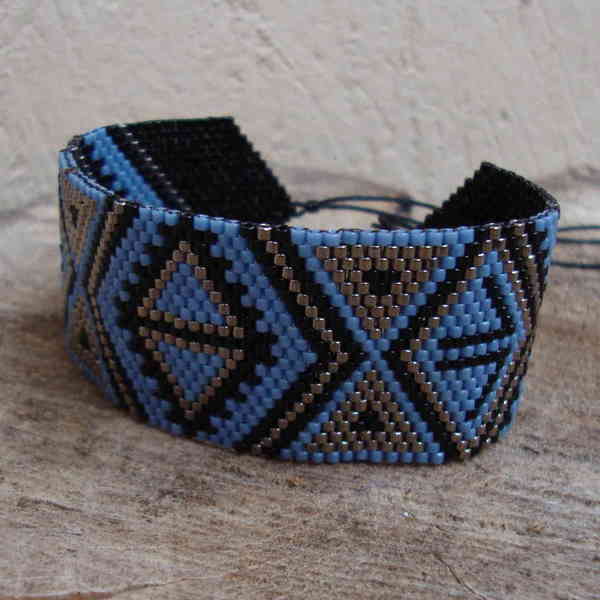Tribal Blue Black Nickel, έθνικ βραχιόλι ραμμένο με χάντρες Miyuki - fashion, μοναδικό, δώρο, πρωτότυπο, κορδόνια, χάντρες, boho, ethnic - 2
