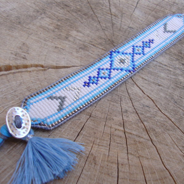 Blue sea boho bracelet, έθνικ βραχιόλι σε ελληνικά χρώματα ραμμένο στον αργαλειό με χάντρες - chic, handmade, καλοκαιρινό, μοναδικό, γυναικεία, κορδόνια, χειροποίητα, χάντρες, boho - 2