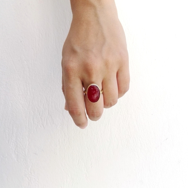 Roja | one of a kind | δαχτυλίδι από επιχρυσωμένο μπρούτζο και κόκκινη πέτρα αχάτη - ημιπολύτιμες πέτρες, handmade, μοναδικό, γυναικεία, χειροποίητα, boho, ethnic, μπρούντζος, αυξομειούμενα - 3