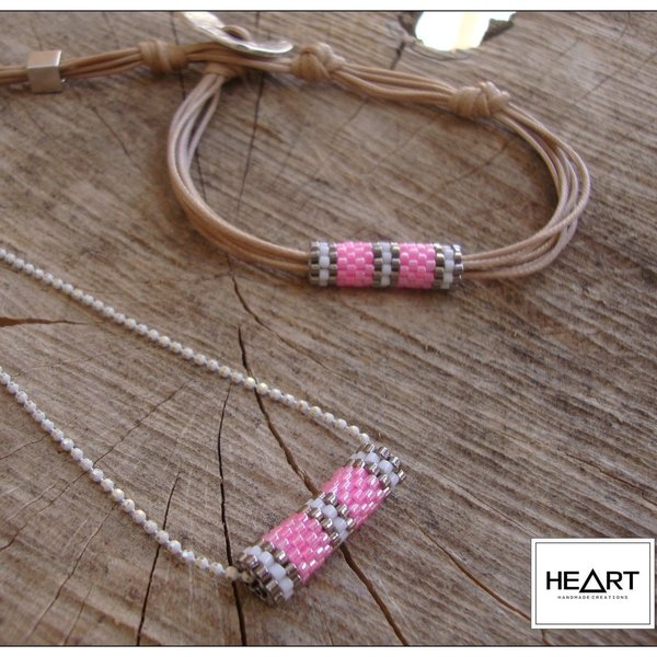 Pink tube necklace, διακριτικό κολιέ με στοιχείο ραμμένο με χάντρες - αλυσίδες, chic, handmade, μοναδικό, μοντέρνο, γυναικεία, δώρο, κορδόνια, χειροποίητα, χάντρες - 2