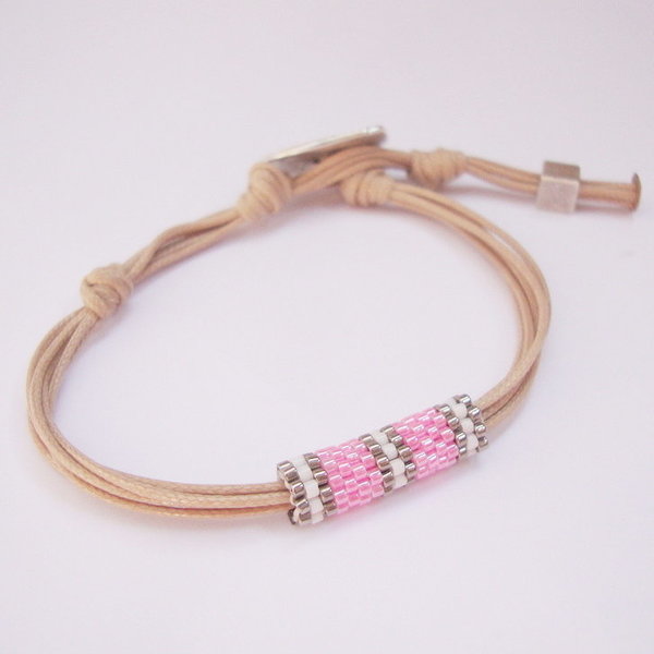 Pink tube bracelet, βραχιόλι με στοιχείο ραμμένο με γνήσιες χάντρες Miyuki Delica - chic, handmade, μοναδικό, μοντέρνο, γυναικεία, δώρο, κορδόνια, χειροποίητα, χάντρες