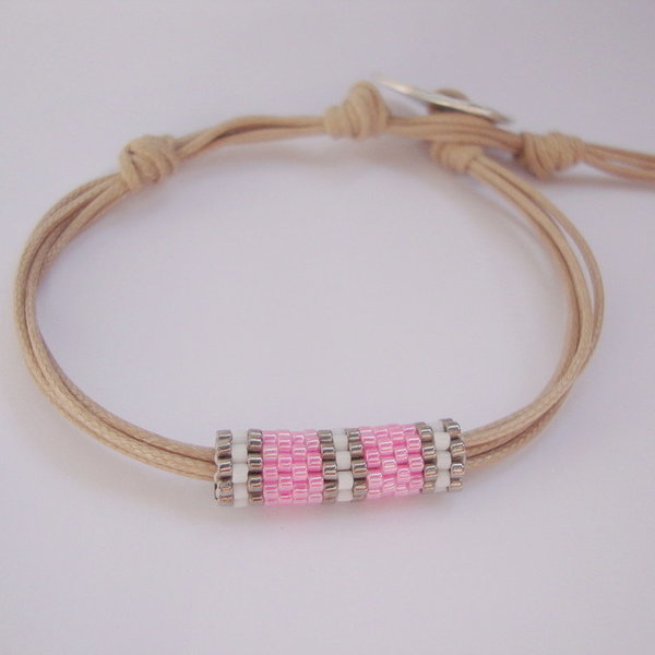 Pink tube bracelet, βραχιόλι με στοιχείο ραμμένο με γνήσιες χάντρες Miyuki Delica - chic, handmade, μοναδικό, μοντέρνο, γυναικεία, δώρο, κορδόνια, χειροποίητα, χάντρες - 2