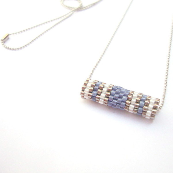 Blue Denim tube necklace, κολιέ με χάντρες - αλυσίδες, chic, handmade, μοναδικό, μοντέρνο, γυναικεία, δώρο, κορδόνια, χειροποίητα, χάντρες - 2