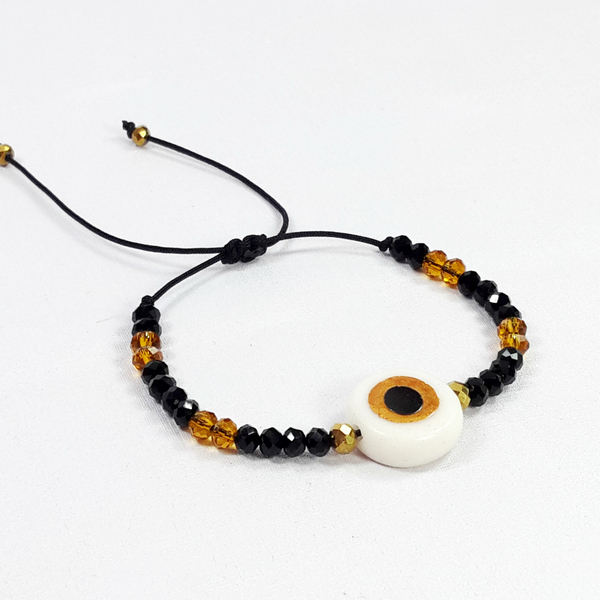 ''mati'' bracelet gold&black - κρύσταλλα, πηλός, κορδόνια, χειροποίητα, μάτι