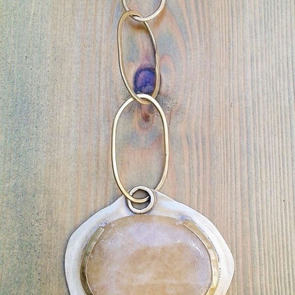 Stone necklace no2, χειροποίητο μακρύ κολιέ με ορείχαλκο σε καφέ σατέν κορδόνι - statement, chic, handmade, fashion, σατέν, ορείχαλκος, μακρύ, κολιέ, κορδόνια, χειροποίητα, boho - 2