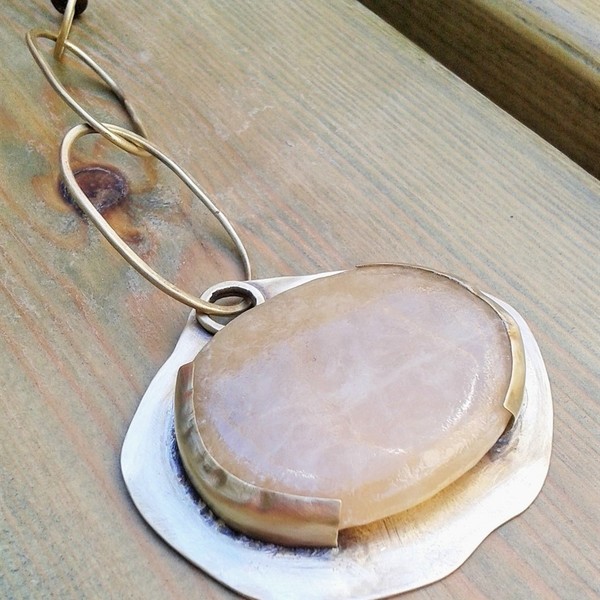 Stone necklace no2, χειροποίητο μακρύ κολιέ με ορείχαλκο σε καφέ σατέν κορδόνι - statement, chic, handmade, fashion, σατέν, ορείχαλκος, μακρύ, κολιέ, κορδόνια, χειροποίητα, boho - 3