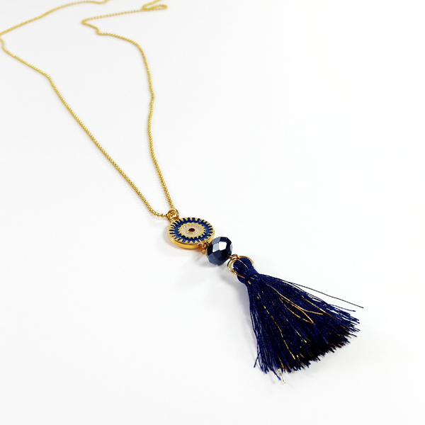 Blue eye necklace with tassels - chic, διακοσμητικό, fashion, μοναδικό, γυναικεία, κρύσταλλα, σμάλτος, μακρύ, χειμωνιάτικο, χειροποίητα, μάτι, Black Friday