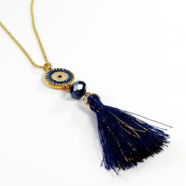 Blue eye necklace with tassels - chic, διακοσμητικό, fashion, μοναδικό, γυναικεία, κρύσταλλα, σμάλτος, μακρύ, χειμωνιάτικο, χειροποίητα, μάτι, Black Friday - 2