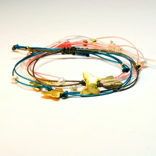 Butterfly bracelet - statement, chic, handmade, μαργαριτάρι, επιχρυσωμένα, κορδόνια, χειροποίητα - 2