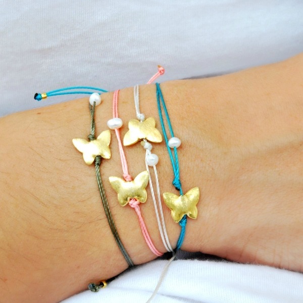 Butterfly bracelet - statement, chic, handmade, μαργαριτάρι, επιχρυσωμένα, κορδόνια, χειροποίητα - 3