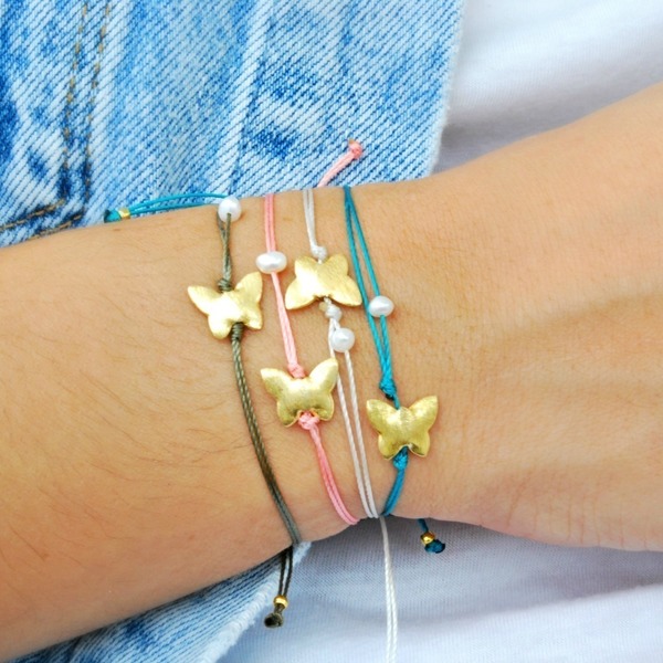 Butterfly bracelet - statement, chic, handmade, μαργαριτάρι, επιχρυσωμένα, κορδόνια, χειροποίητα - 4