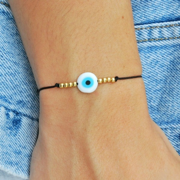 Glass evil eye friendship bracelet - chic, πολύχρωμο, γυαλί, charms, επιχρυσωμένα, κορδόνια - 2