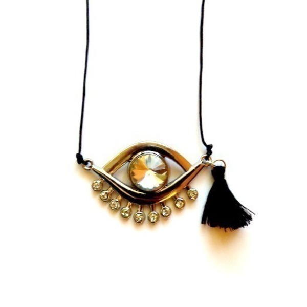 Eye Necklace Set - ημιπολύτιμες πέτρες, στρας, με φούντες, αιματίτης, μέταλλο, κολιέ, κορδόνια, χειροποίητα, μάτι - 2