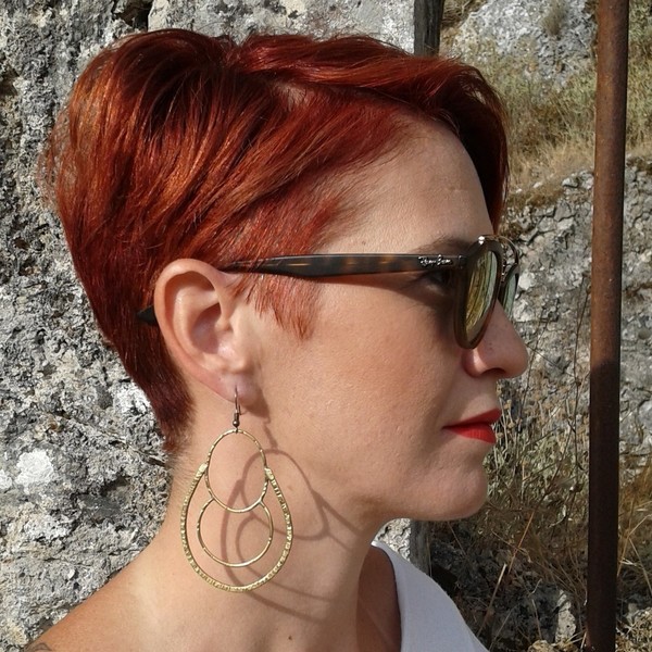 Three circles together earrings, χειροποίητα σκουλαρίκια με κύκλους, ορείχαλκος - chic, handmade, fashion, ορείχαλκος, σκουλαρίκια, χειροποίητα, κρίκοι, boho - 3