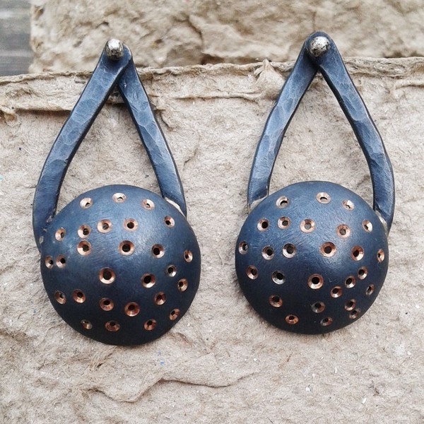 Black domed earrings, χειροποίητα σκουλαρίκια για rock εμφανίσεις - chic, handmade, ασήμι 925, χαλκός, χειροποίητα, boho - 2