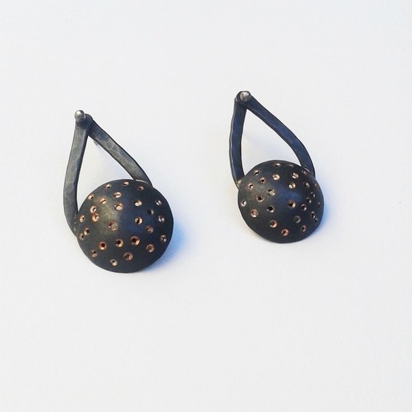 Black domed earrings, χειροποίητα σκουλαρίκια για rock εμφανίσεις - chic, handmade, ασήμι 925, χαλκός, χειροποίητα, boho - 3