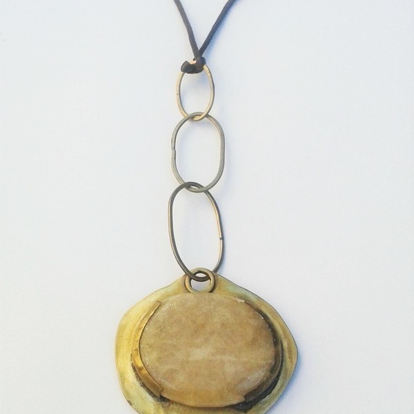 Stone necklace no2, χειροποίητο μακρύ κολιέ με ορείχαλκο σε καφέ σατέν κορδόνι - statement, chic, handmade, fashion, σατέν, ορείχαλκος, μακρύ, κολιέ, κορδόνια, χειροποίητα, boho - 4
