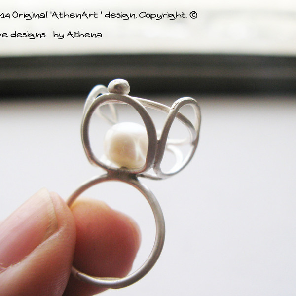 Δαχτυλίδι με μαργαριτάρι /Big Pearl silver ring - statement, ασήμι, chic, handmade, fashion, μαργαριτάρι, γυναικεία, chevalier, customized, δαχτυλίδι, χειροποίητα - 2