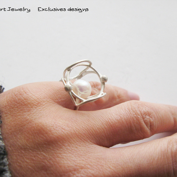 Δαχτυλίδι με μαργαριτάρι /Big Pearl silver ring - statement, ασήμι, chic, handmade, fashion, μαργαριτάρι, γυναικεία, chevalier, customized, δαχτυλίδι, χειροποίητα - 4