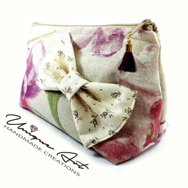 Cosmetic bag with bow! - ύφασμα, φιόγκος, chic, fashion, design, ζωγραφισμένα στο χέρι, μοναδικό, γυναικεία, αγάπη, χειροποίητα - 2