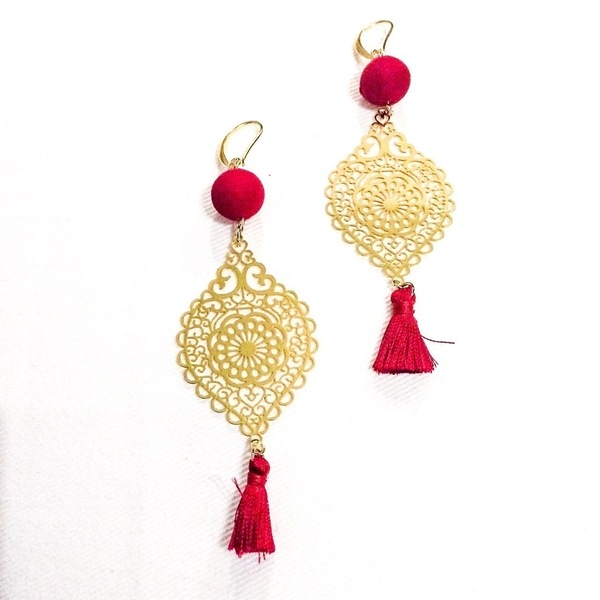 Κόκκινο με χρυσο - handmade, vintage, charms, χειροποίητα, χειροποίητα σκουλαρίκια με πέρλε - 2
