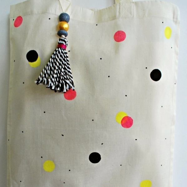 Πουά πάνινη τσάντα - βαμβάκι, πολύχρωμο, ξύλο, ζωγραφισμένα στο χέρι, ώμου, πηλός, τσάντα, χειροποίητα - 3