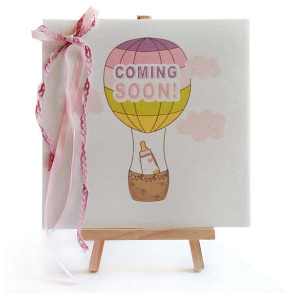 Καδράκι ανακοίνωσης εγκυμοσύνης "Αερόστατο" - κορδέλα, διακοσμητικό, ξύλο, καμβάς, δώρο, αερόστατο, για παιδιά - 3