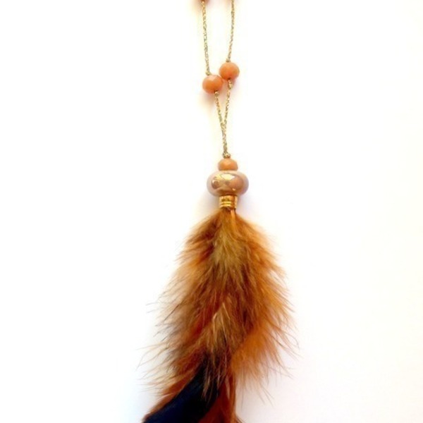 Brown Feather Necklace / Κολιέ με καφέ φτερό - handmade, κερωμένα κορδόνια, κρύσταλλα, φτερό, φτερό, μακρύ, κολιέ, χειροποίητα, boho, ethnic
