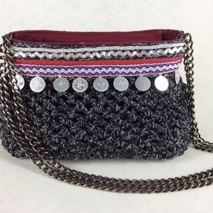 Boho Τσάντα με φλουράκια - ύφασμα, κορδέλα, αλυσίδες, φλουρί, τσάντα, κορδόνια, boho, ethnic, μικρές